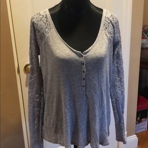Gray sweater with lace sleeves and lace back